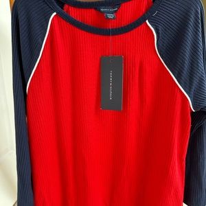 Tommy Hilfilger new red and navy blue young girls knit long sleeved shirt.